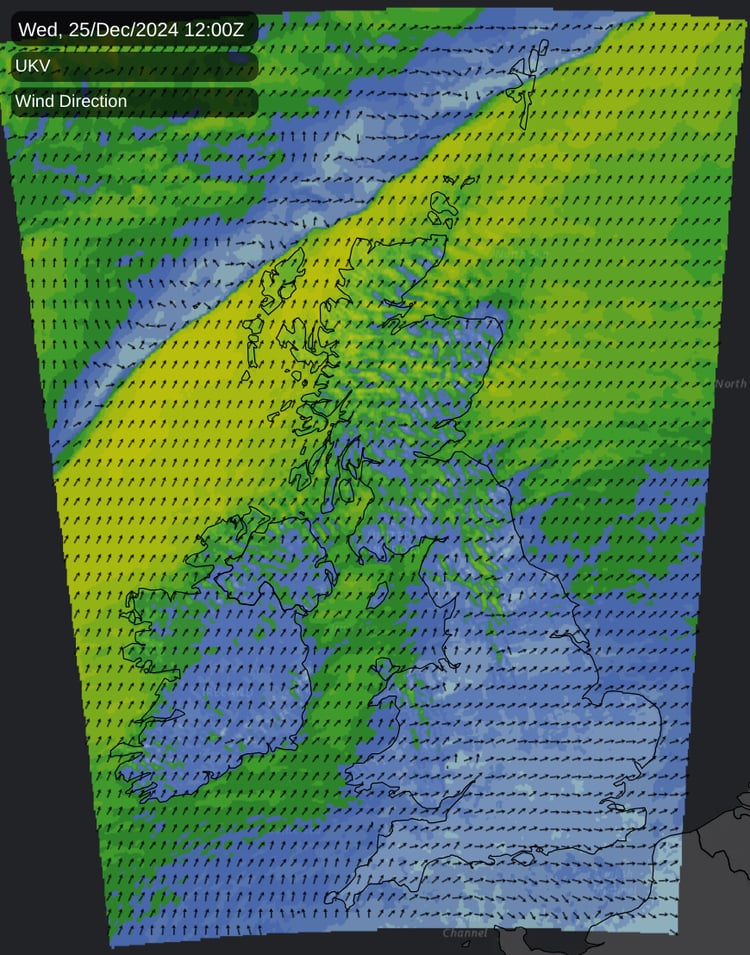 Temperature map for Christmas day
