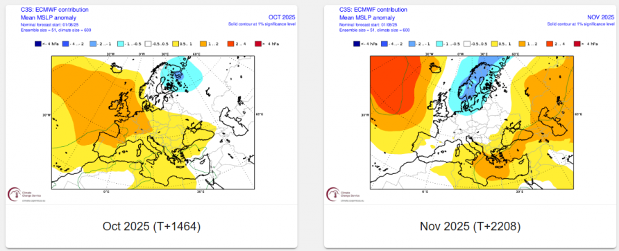 ECMWF seasonal pressure anomaly forecast for October and November