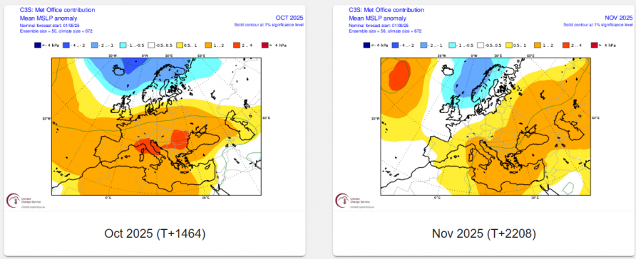 UKMET seasonal pressure anomaly forecast for October and November