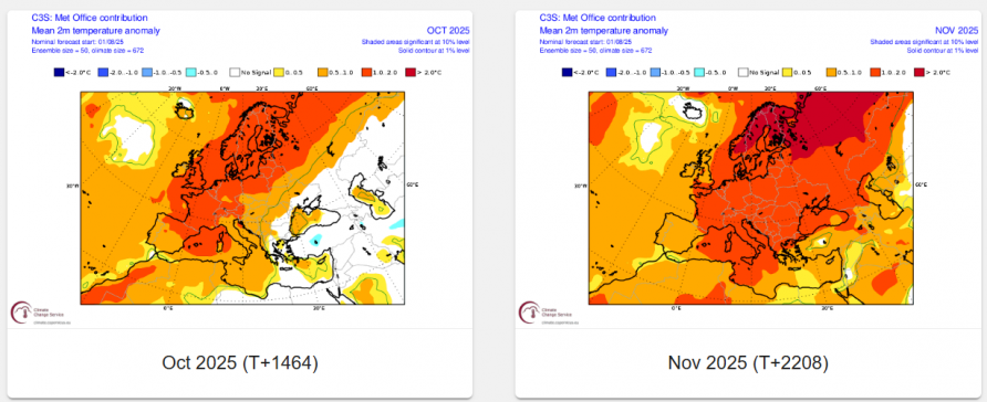 UKMET seasonal temperature anomaly forecast for October and November