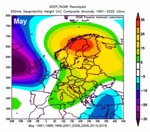 Rainbow colored map of Europe showing weather patterns