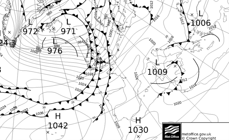 Met office fax analysis showing the cold fronts over the UK