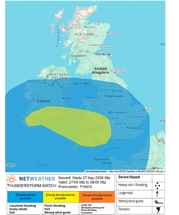 Map of thunderstorm/convective development showing SW Britain most at risk for Weds 27th May