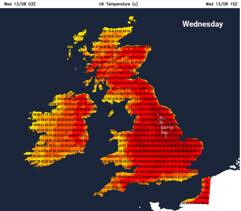 UK temperatures in the mid to high 20sC and low 30sC Wednesday