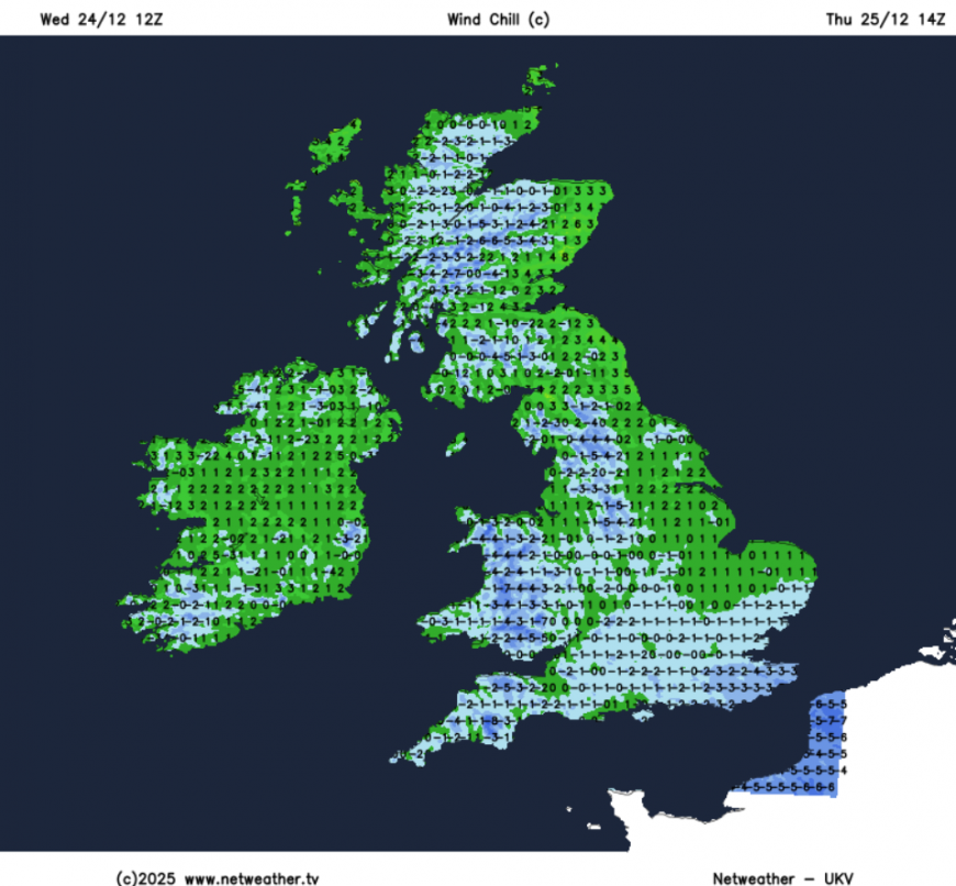 Wind chill temperatures on Christmas afternoon