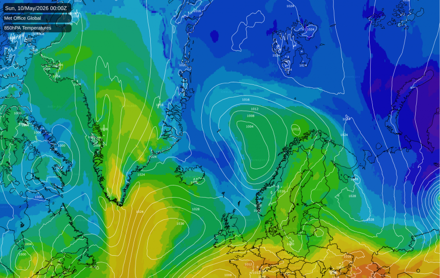 Map showing an Arctic based airmass over the UK