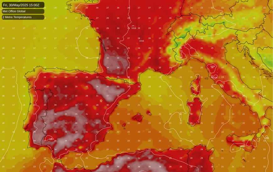 Weather map showing high temperatures in southern Europe at the end of May