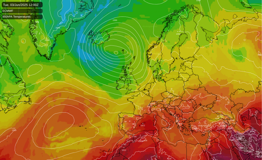 Weather map showing low pressure to the north of the UK during early June