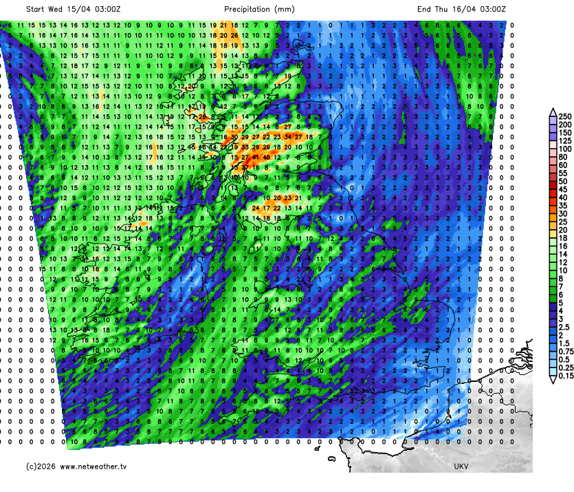 Rainfall total map for Wednesday