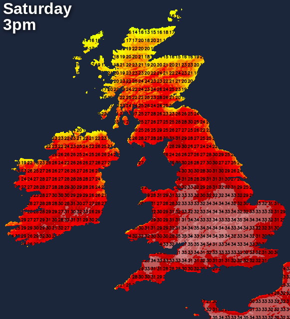 Temperature map for 3pm Saturday