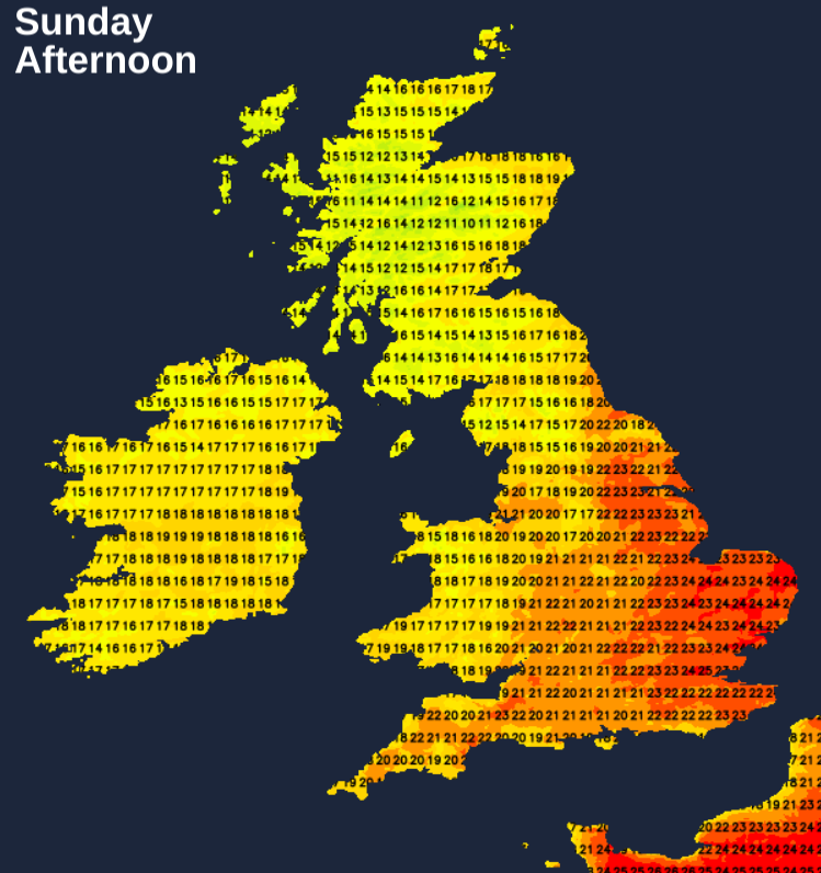 Temperatures on Sunday