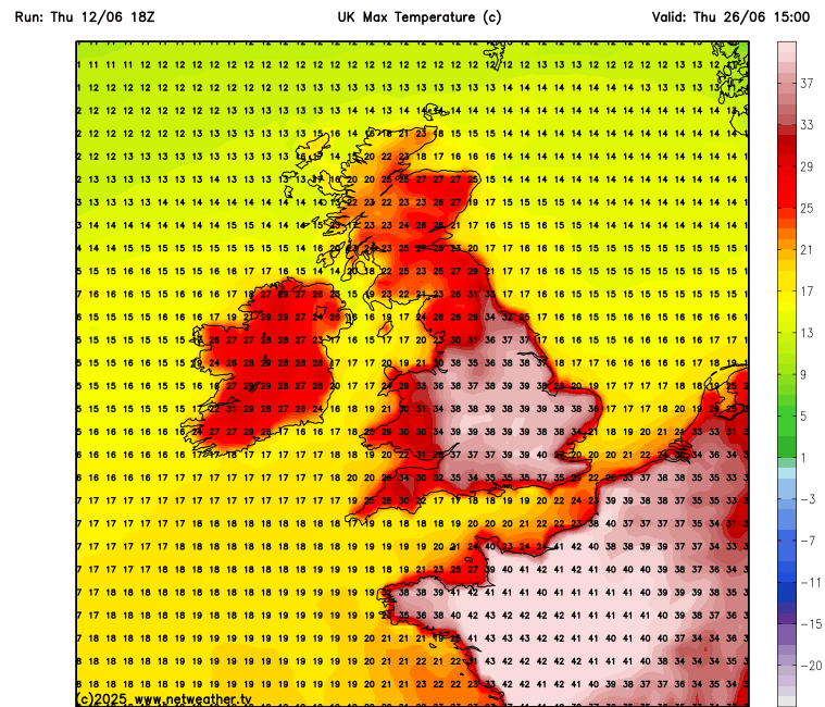 One of the GFS runs showing 40c at the end of June - it's very unlikely to occur though
