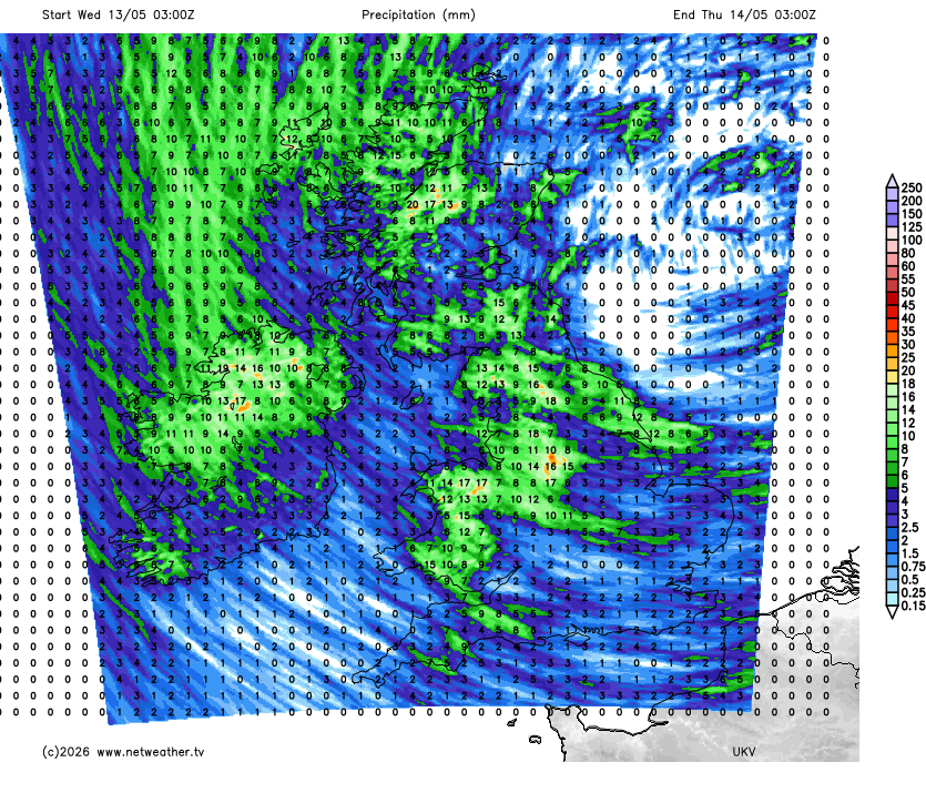 Rainfall totals for midweek