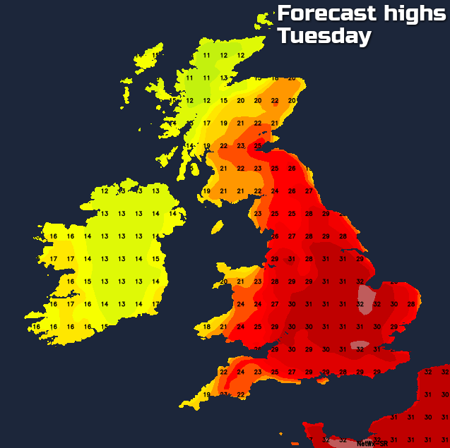 Forecast max temperatures on Tuesday