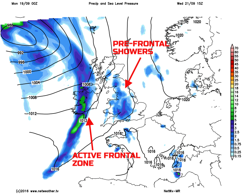 Frontal zone and pre-frontal showers