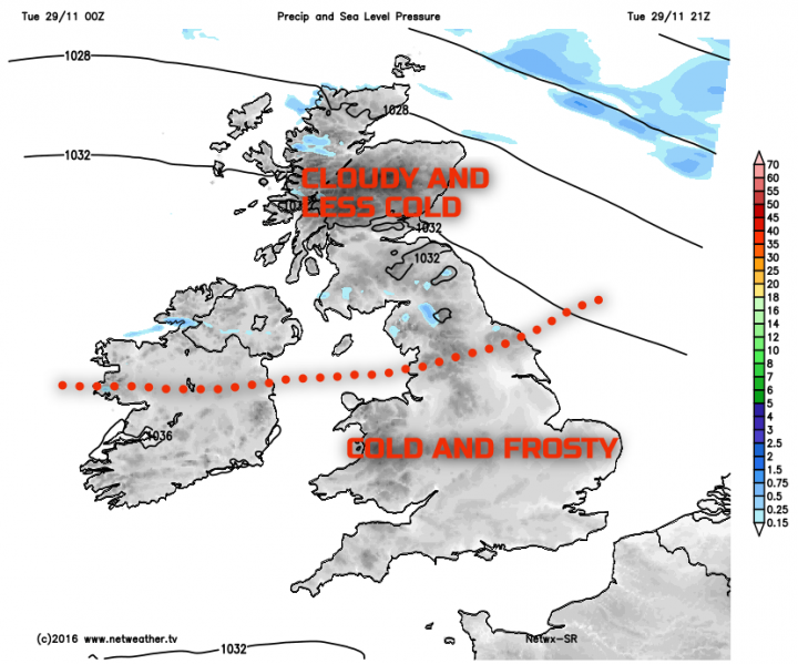 Cloudier and less cold further north