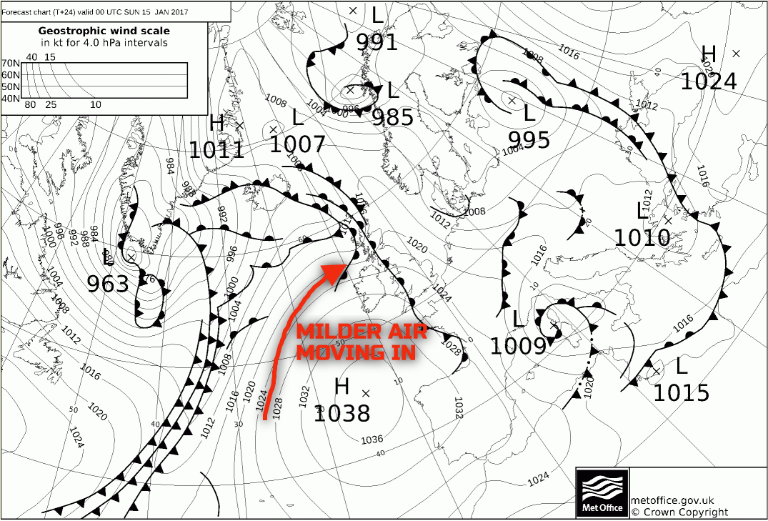 Milder air moving over the top of the high pressure
