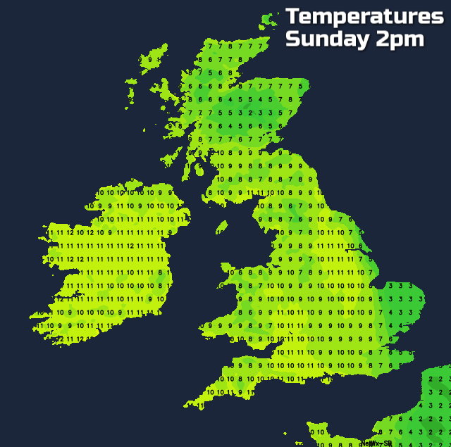Temperatures today - still cold in the east, mild elsewhere