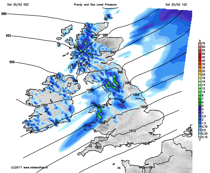 Showery rain in the north and west