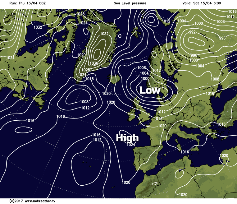 Low pressure in the north sea, high to the southwest