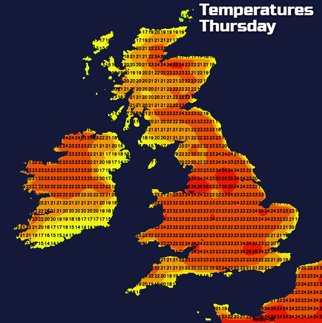 Temperatures Thursday - very warm by this stage
