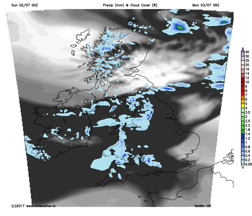 Cloudy over England and Wales on Monday morning
