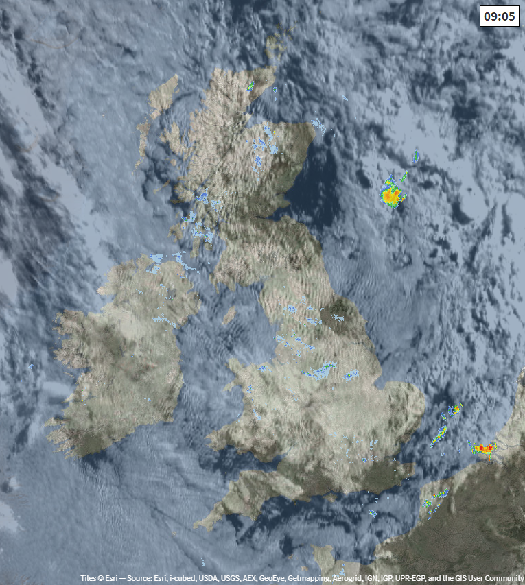 Radar and satellite image from 0905 this morning