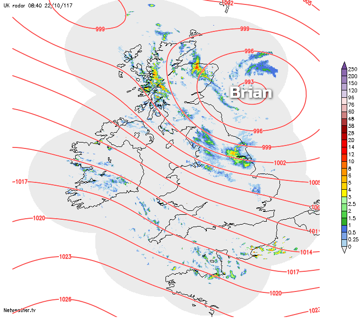 Brian moving away into the North Sea this morning