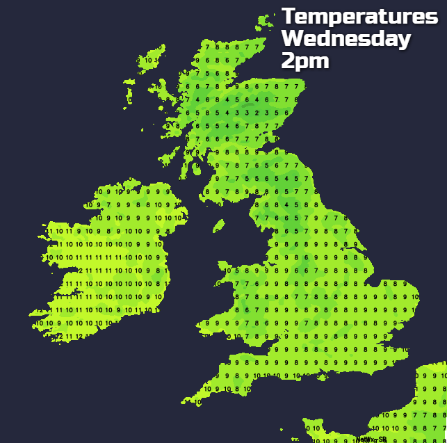 Temperatures on Wednesday