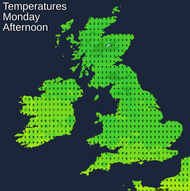 Temperatures Monday Afternoon