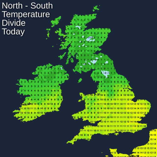 North - south temperature divide today