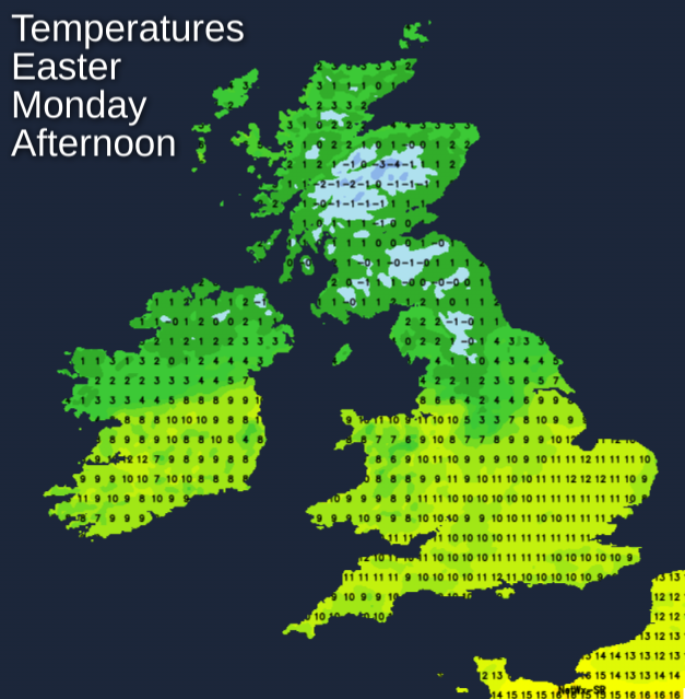 Temperatures on Easter Monday afternoon