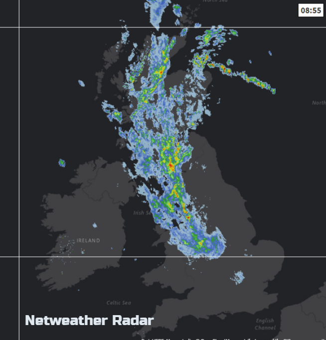 rain band heading west over Wales, NW england, Scotland