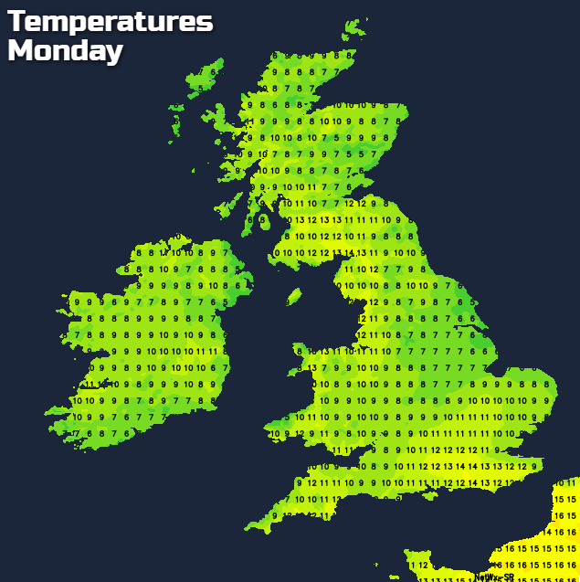 Temperatures on Monday