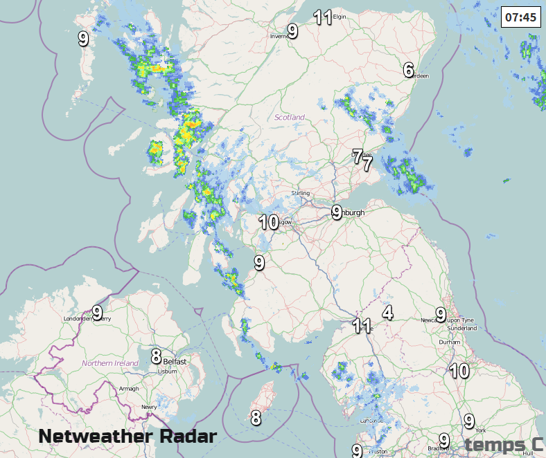 a few showery bits over Scotland this morning. Radar picture