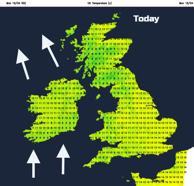 brisk south winds for Ireland. Temps today 10 to 16C