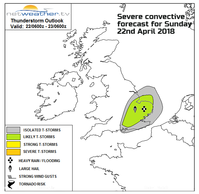 Thunderstorms risk area SE Britain Sunday