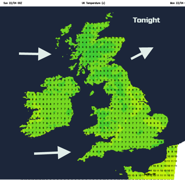 Cooler. Overnight mins UK 6 to 9C