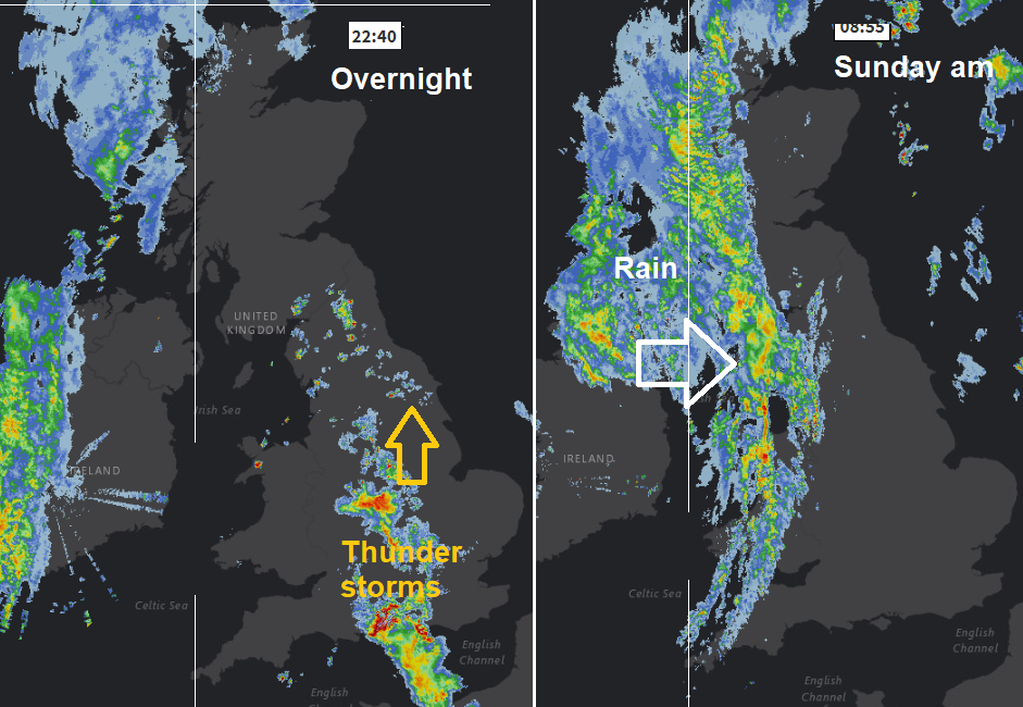 Frontal rain band from west on radar image