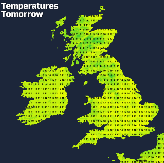 Temperatures tomorrow - warmest in eastern, central and southern regions