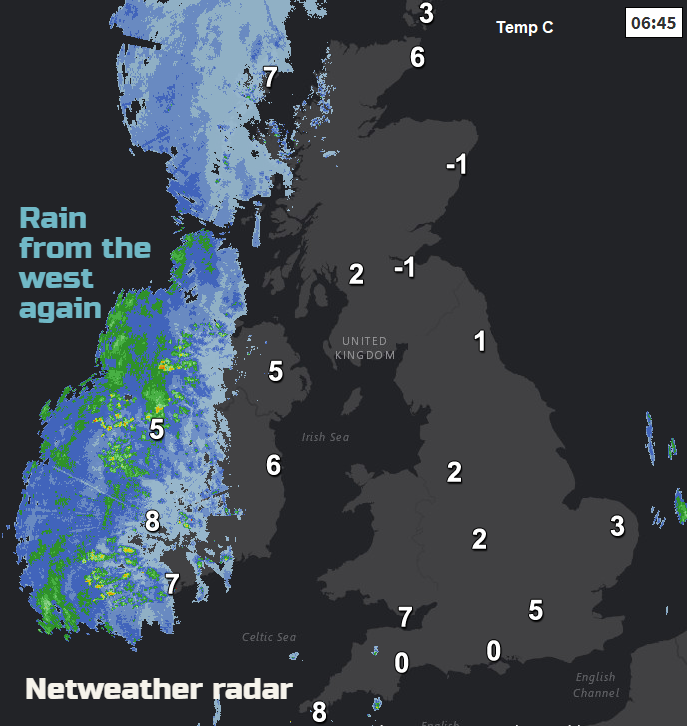 Earlier Radar, rain in west, frost for Britain