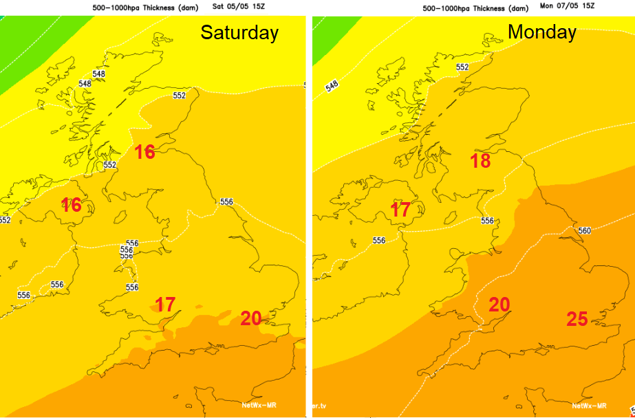 Thickness chart showing warmer air this weekend from SE
