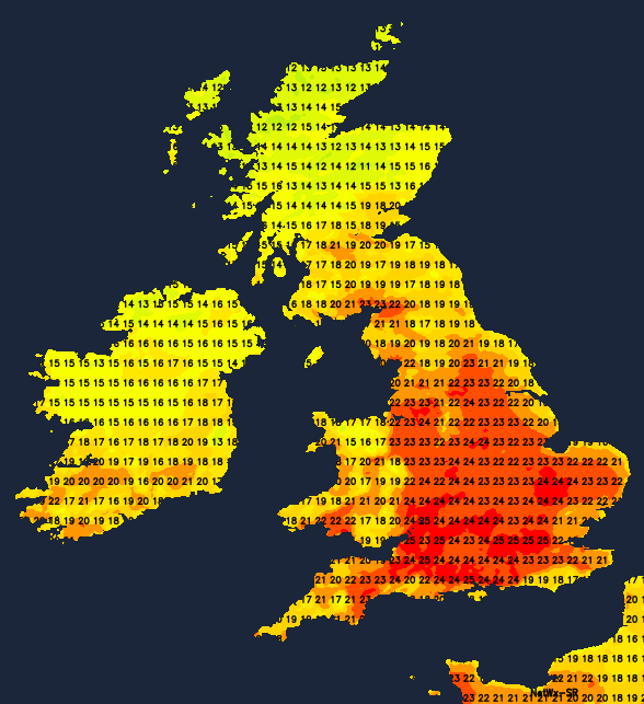 Temperatures this afternoon - warmest in southern and central regions