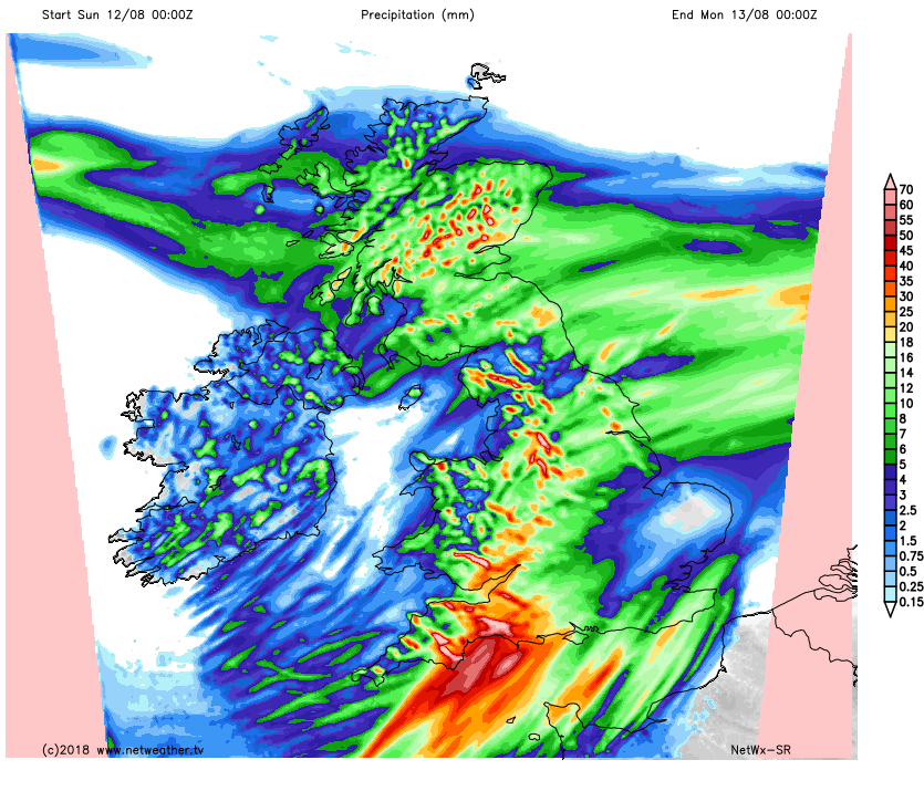 Rainfall totals on Sunday