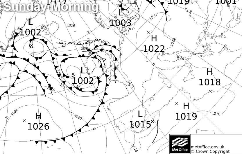 Low pressure and weather fronts on Sunday morning