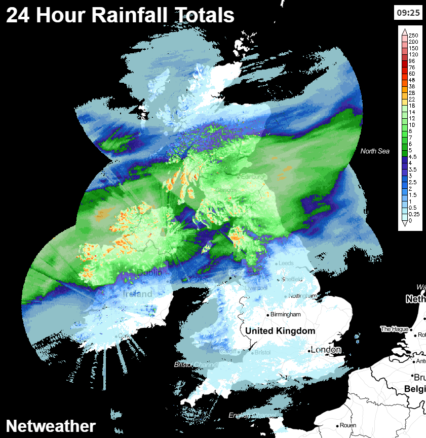 Raingall totals over the last 24 hours