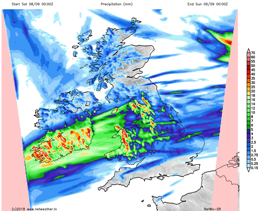 Rainfall totals over the next 24 hours - highest in the west