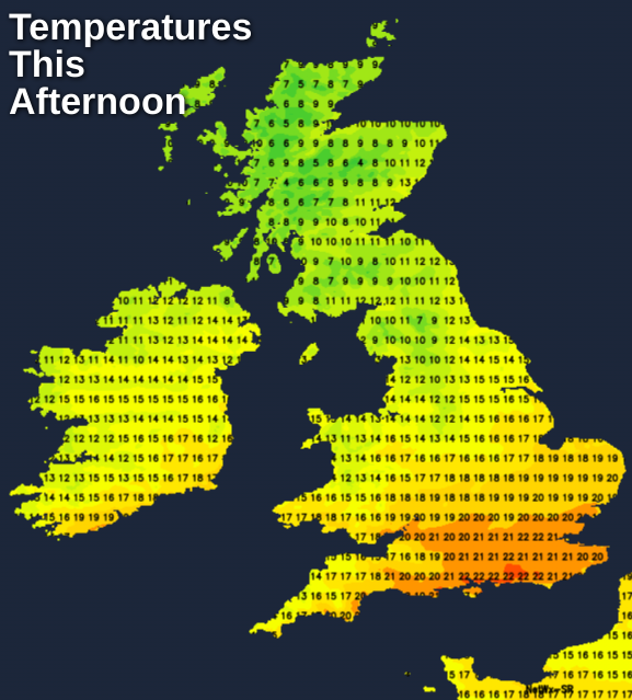 Temperatures this afternoon - warmest in the south