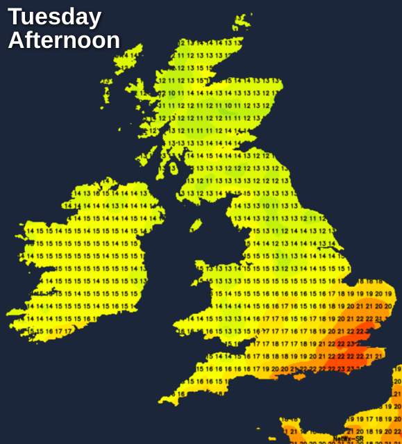 Temperatures on Tuesday afternoon - still warm in the southeast