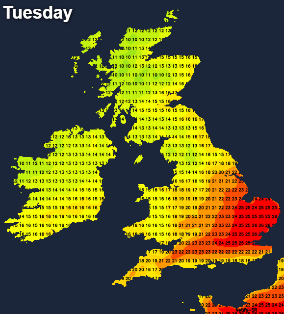 Temperatures on Tuesday
